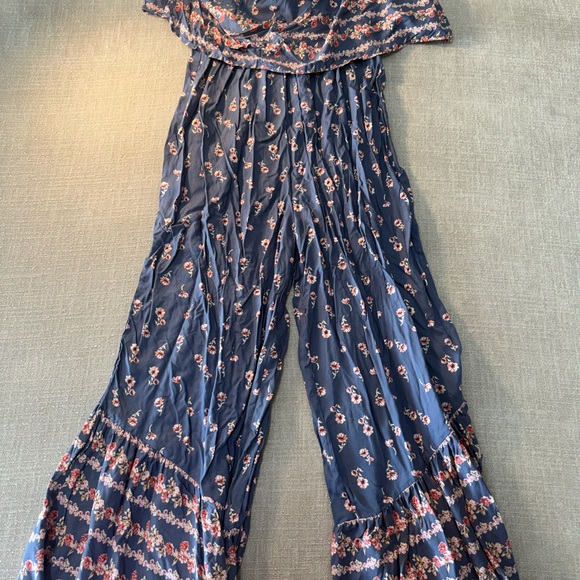 Japna Pants - Japna Navy Floral Wide-Leg Jumpsuit